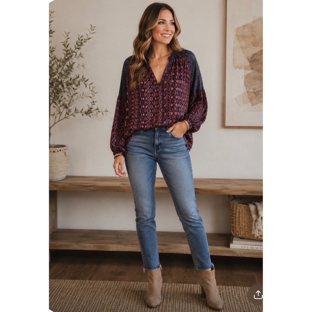 Roan + Ryan Women Mixed Print Pleated Blouse Leopard Ikat Balloon Sleeve M